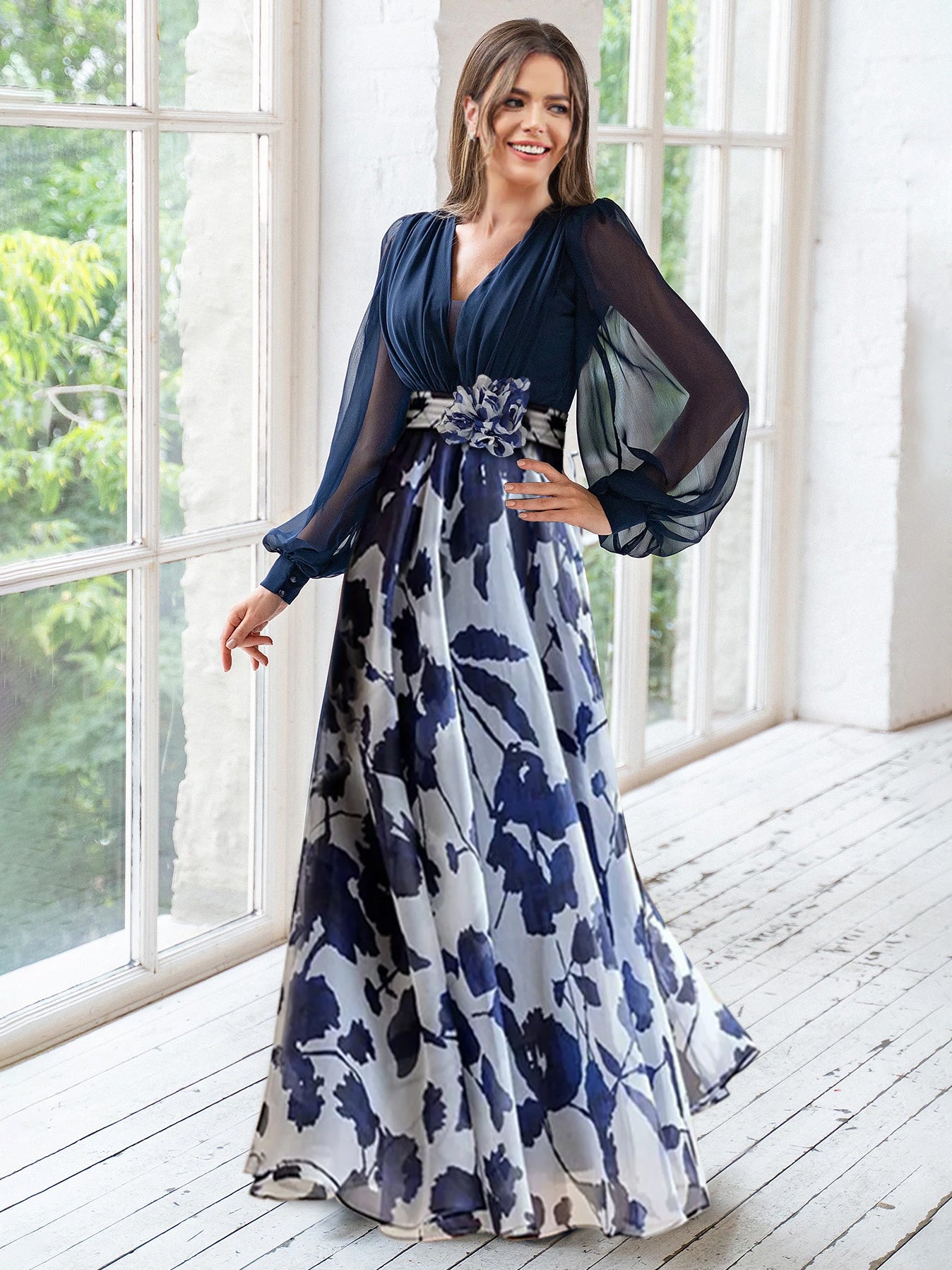 Blue-Grey Chiffon Printed V-Neck Fitted Waist Maxi Dress