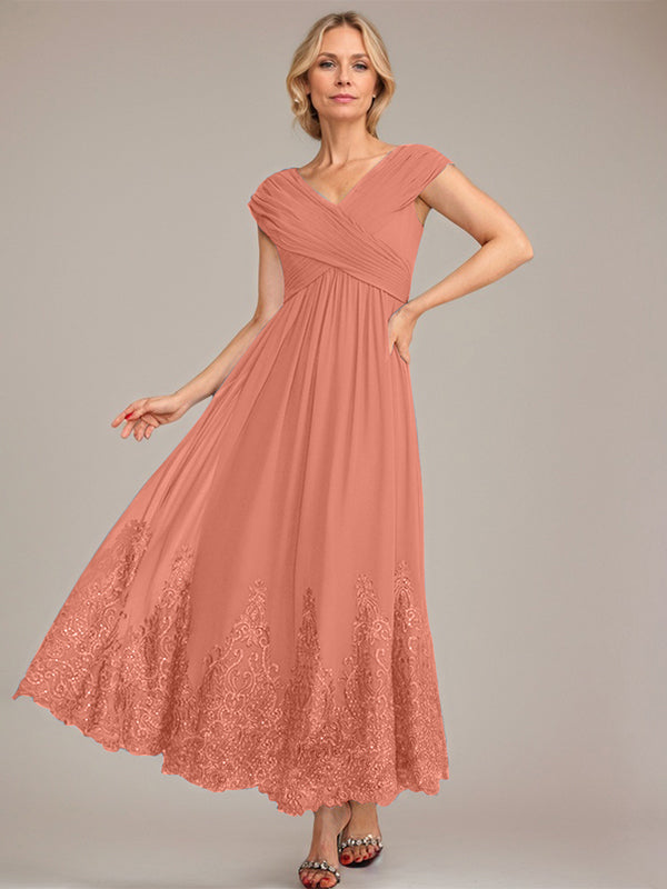 A-line V-Neck Ankle-Length Chiffon Mother of the Bride Dress With Applique Sequins