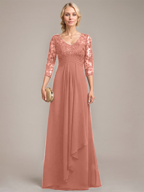 A-line V-Neck Floor-Length Lace Chiffon Mother of the Bride Dress With Cascading Ruffles Sequins