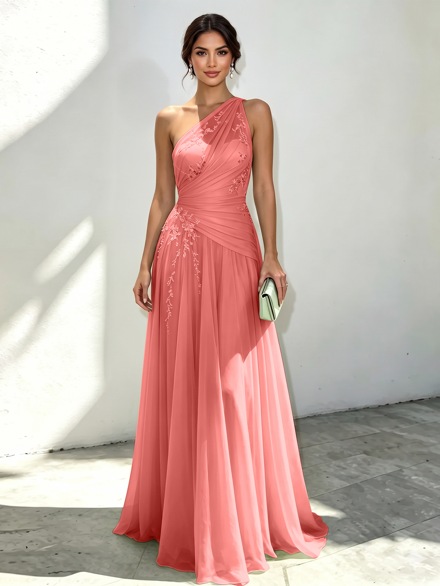 Mint Green Applique 3D Floral Chiffon One Shoulder Sleeveless A-Line Floor Length Dress