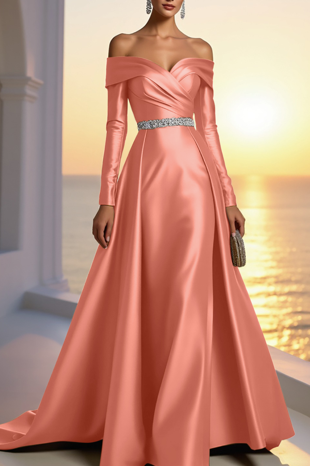 Formal Champagne Satin Dress Off The Shoulder Long Sleeve Maxi Gown