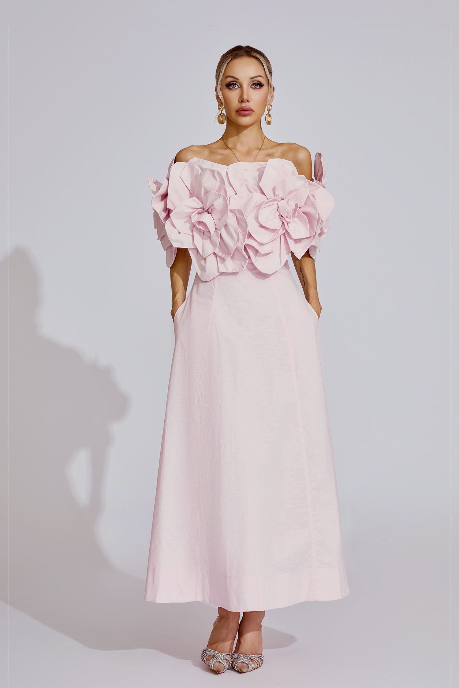 Pink 3D Flower Off-the-shoulder Maxi Dress