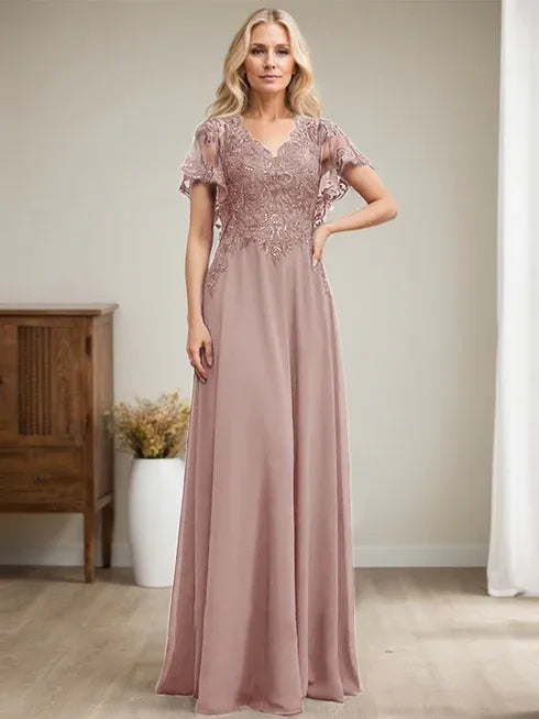 A-line V-Neck Floor-Length Lace Chiffon Mother of the Bride Dress With Sequins