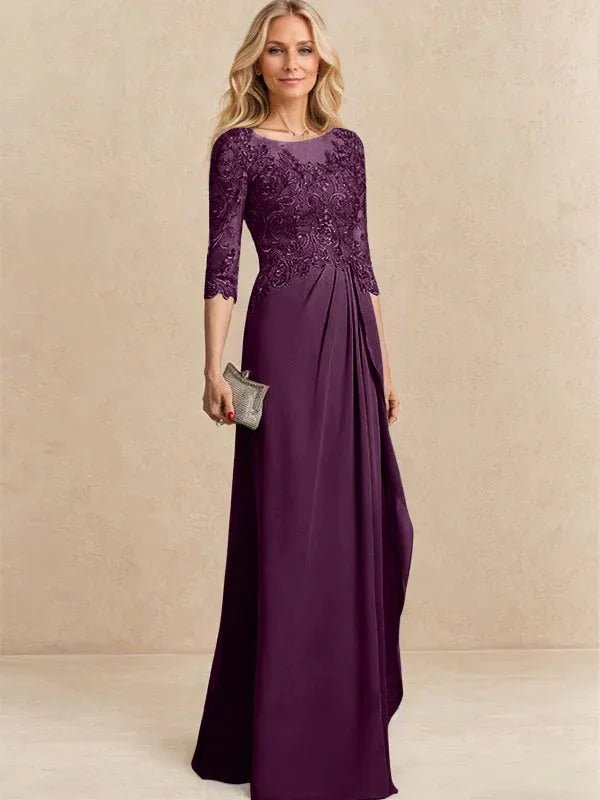 A-line Scoop Illusion Floor-Length Chiffon Lace Mother of the Bride Dress With Beading Sequins Cascading Ruffles