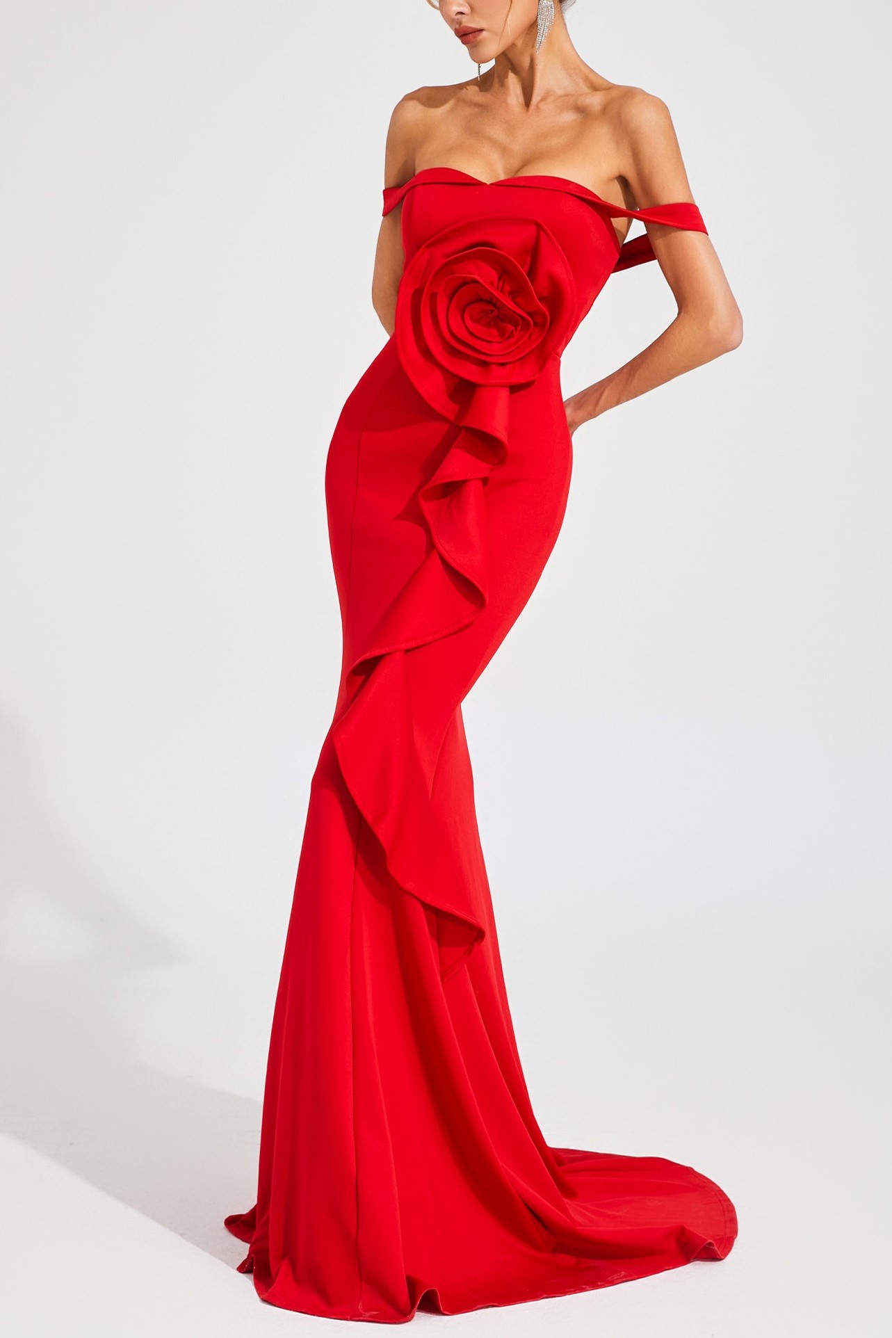 Red Off-the-shoulder Mermaid Gown with Flower Detail