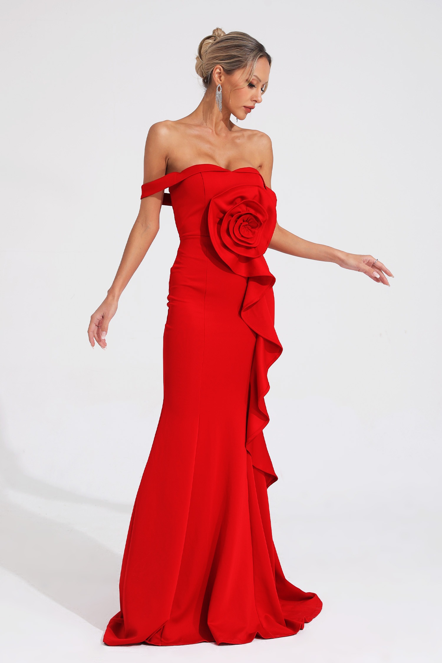 Red Off-the-shoulder Mermaid Gown with Flower Detail