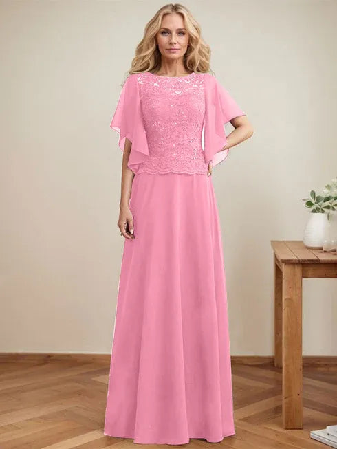 A-line Scoop Illusion Floor-Length Lace Chiffon Mother of the Bride Dress With Sequins