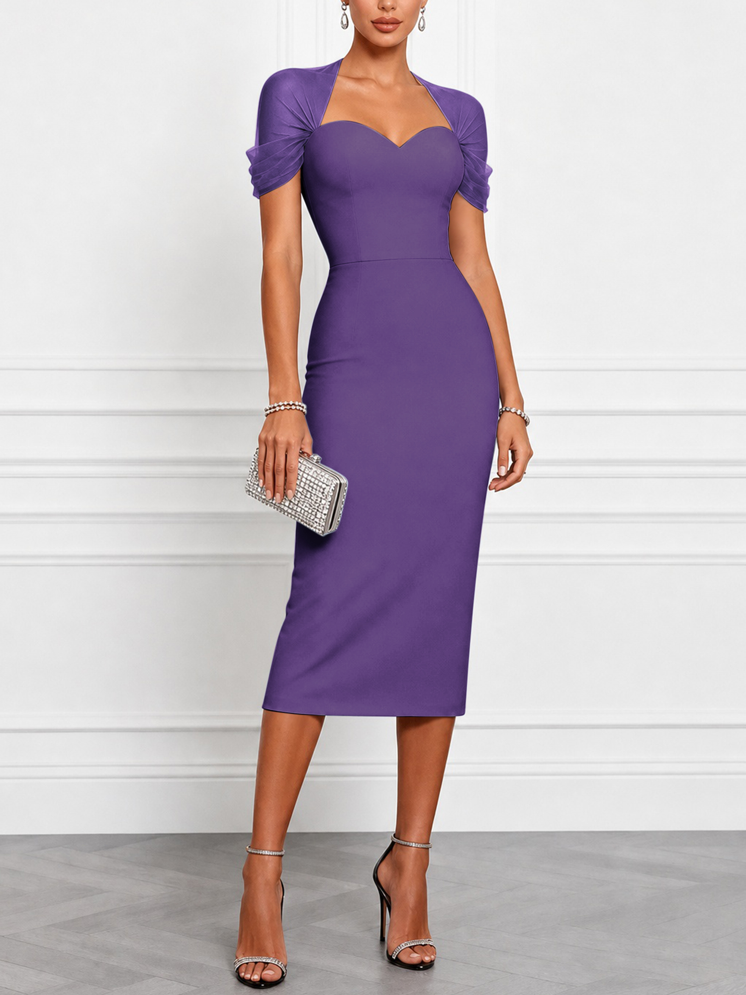 Black Sweetheart Neckline Mesh Sleeve Blended Midi Dress