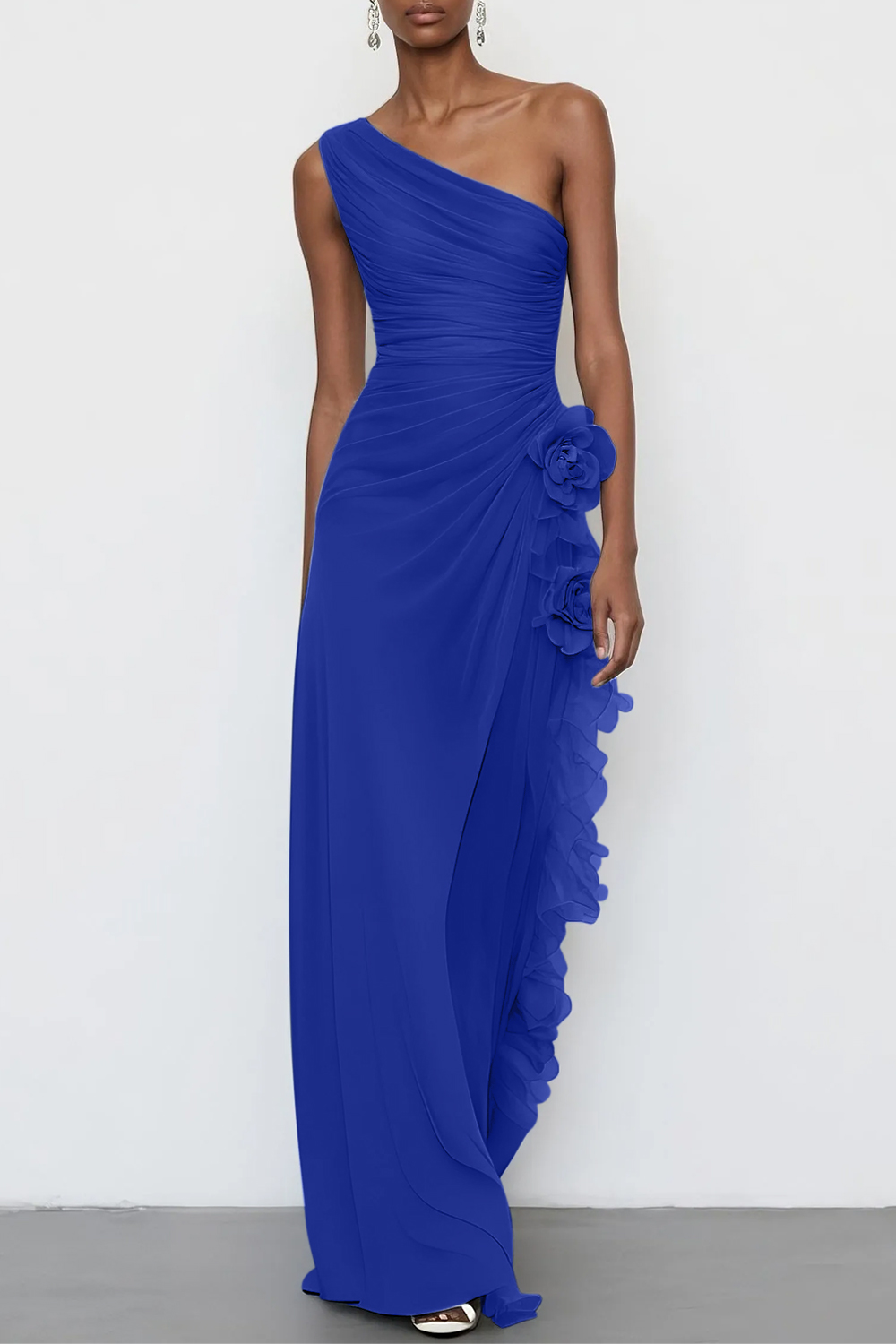 3D Floral Chiffon One Shoulder Sleeveless Sheath Maxi Dress