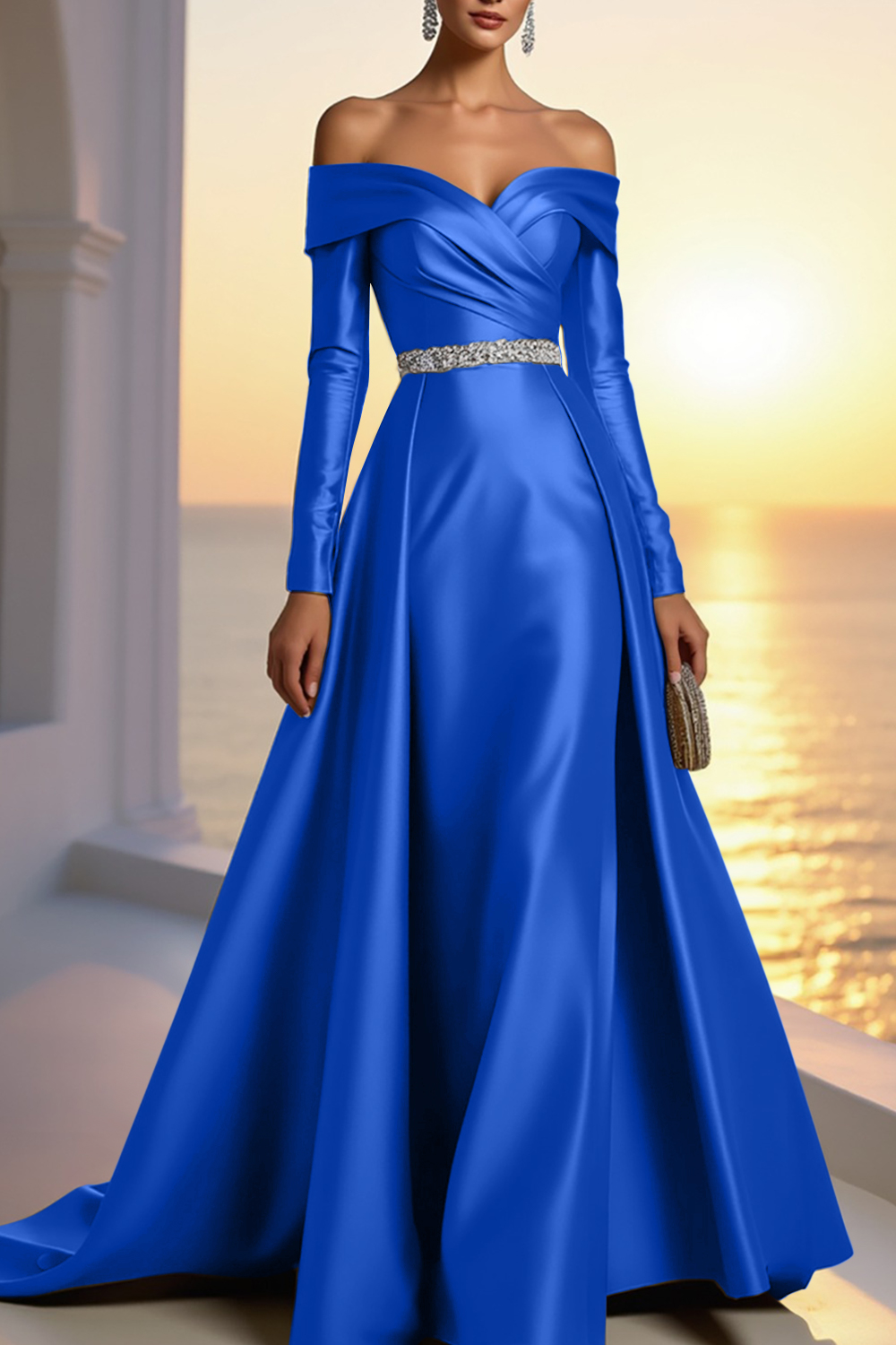 Formal Champagne Satin Dress Off The Shoulder Long Sleeve Maxi Gown