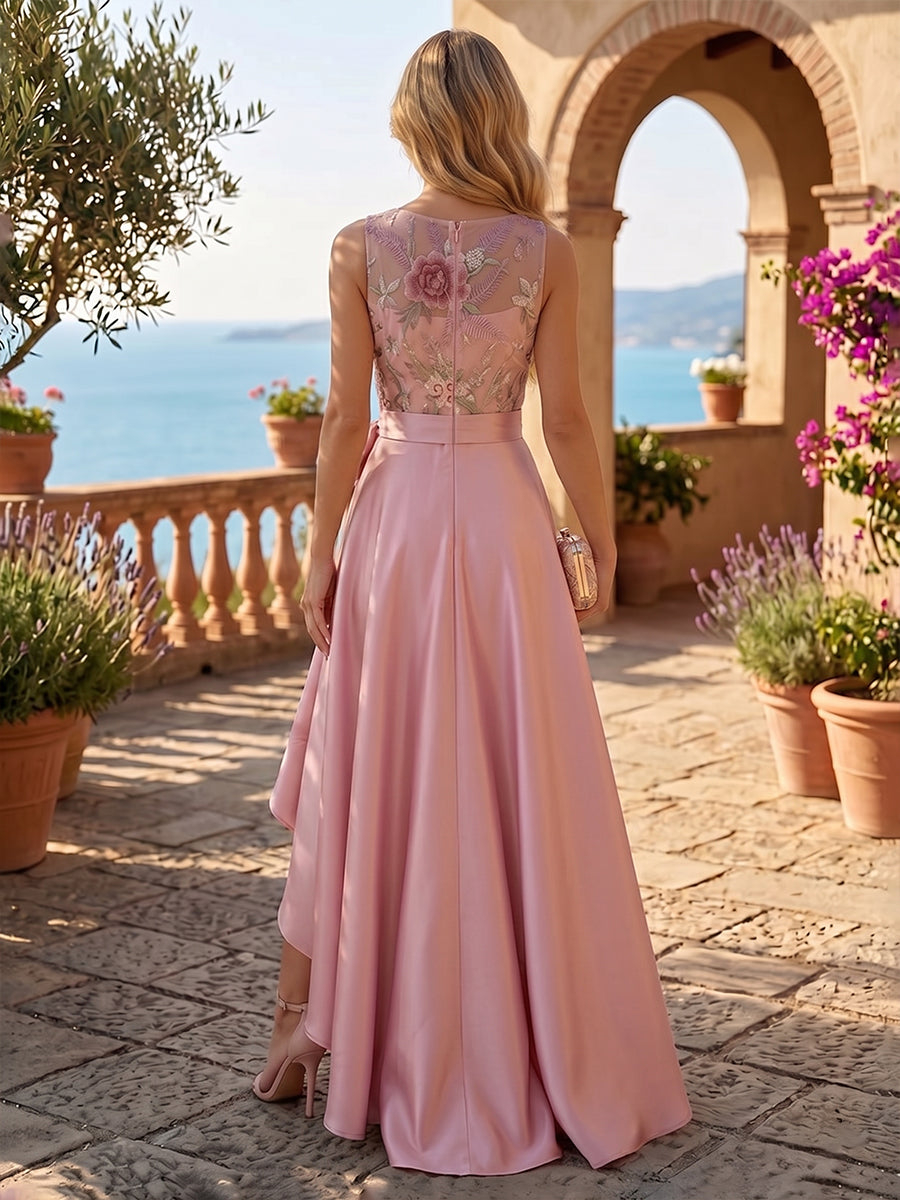 Satin A-Line High-Low with Floral Embroidery Bodice & Ruffles Maxi Dress