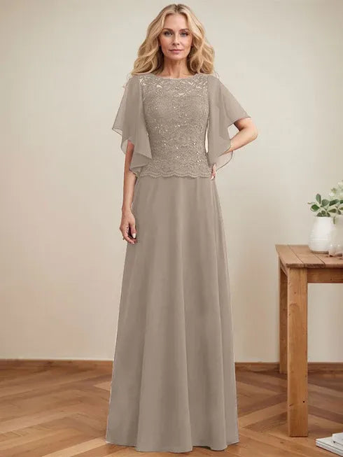 A-line Scoop Illusion Floor-Length Lace Chiffon Mother of the Bride Dress With Sequins