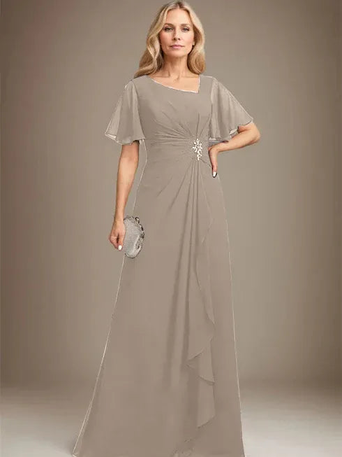 A-line Asymmetrical Floor-Length Chiffon Mother of the Bride Dress With Pleated Beading Sequins