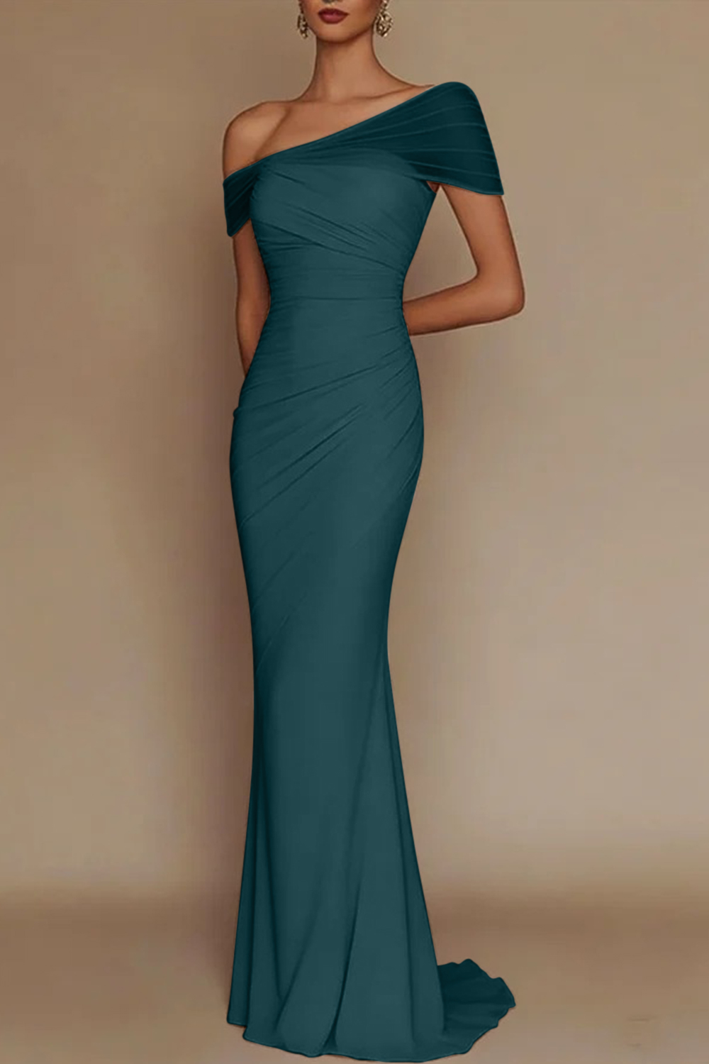 Blush Pink One-Shoulder Mesh-Patched Pleated Mermaid Maxi Dress