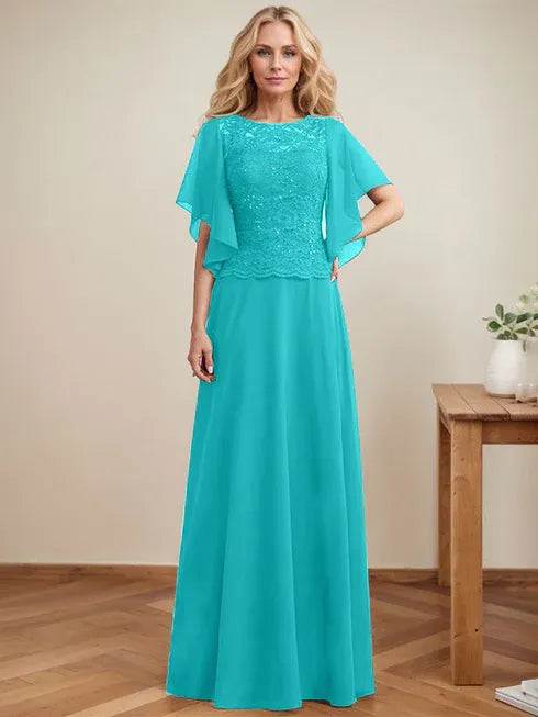 A-line Scoop Illusion Floor-Length Lace Chiffon Mother of the Bride Dress With Sequins