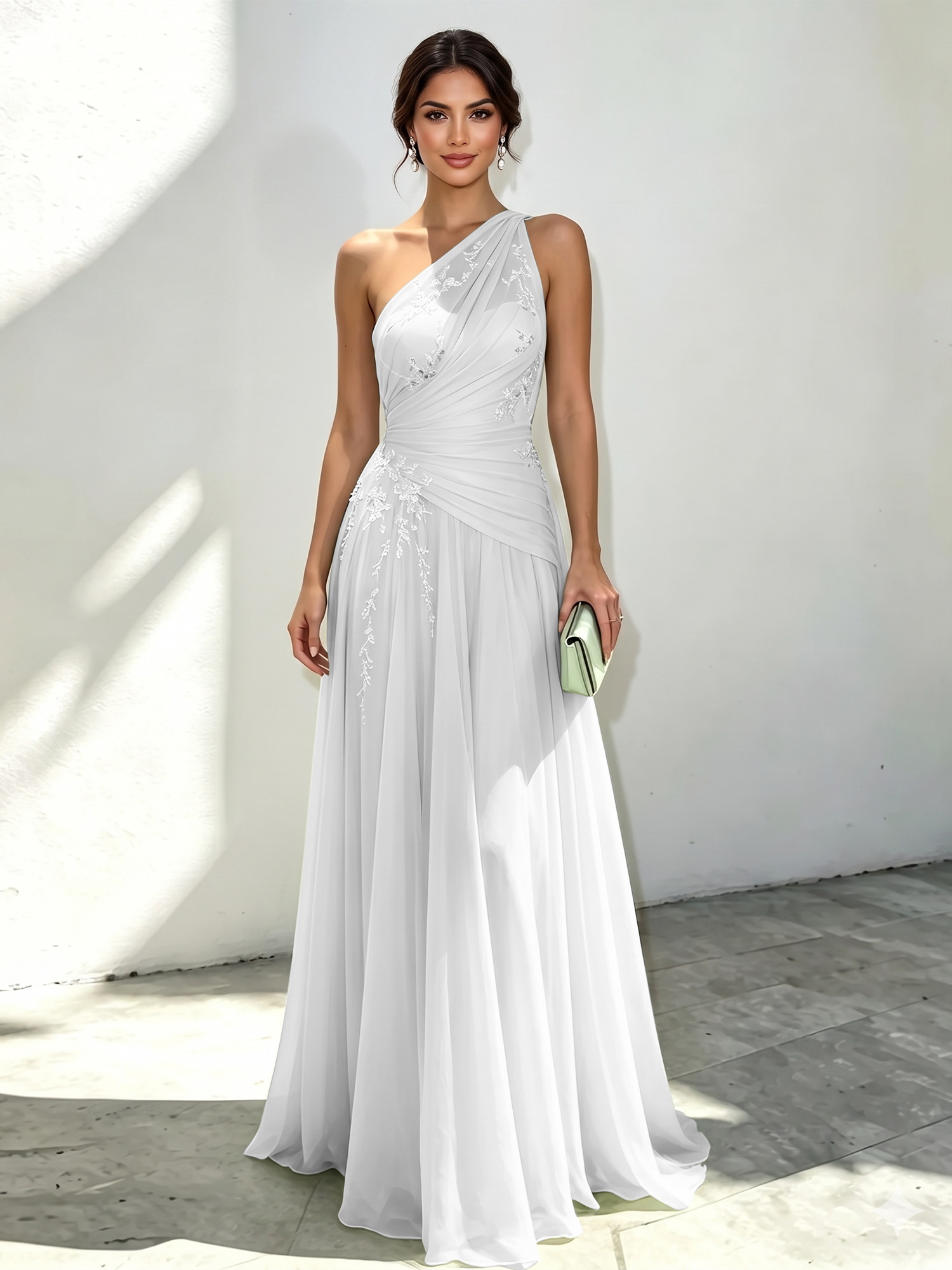 Mint Green Applique 3D Floral Chiffon One Shoulder Sleeveless A-Line Floor Length Dress