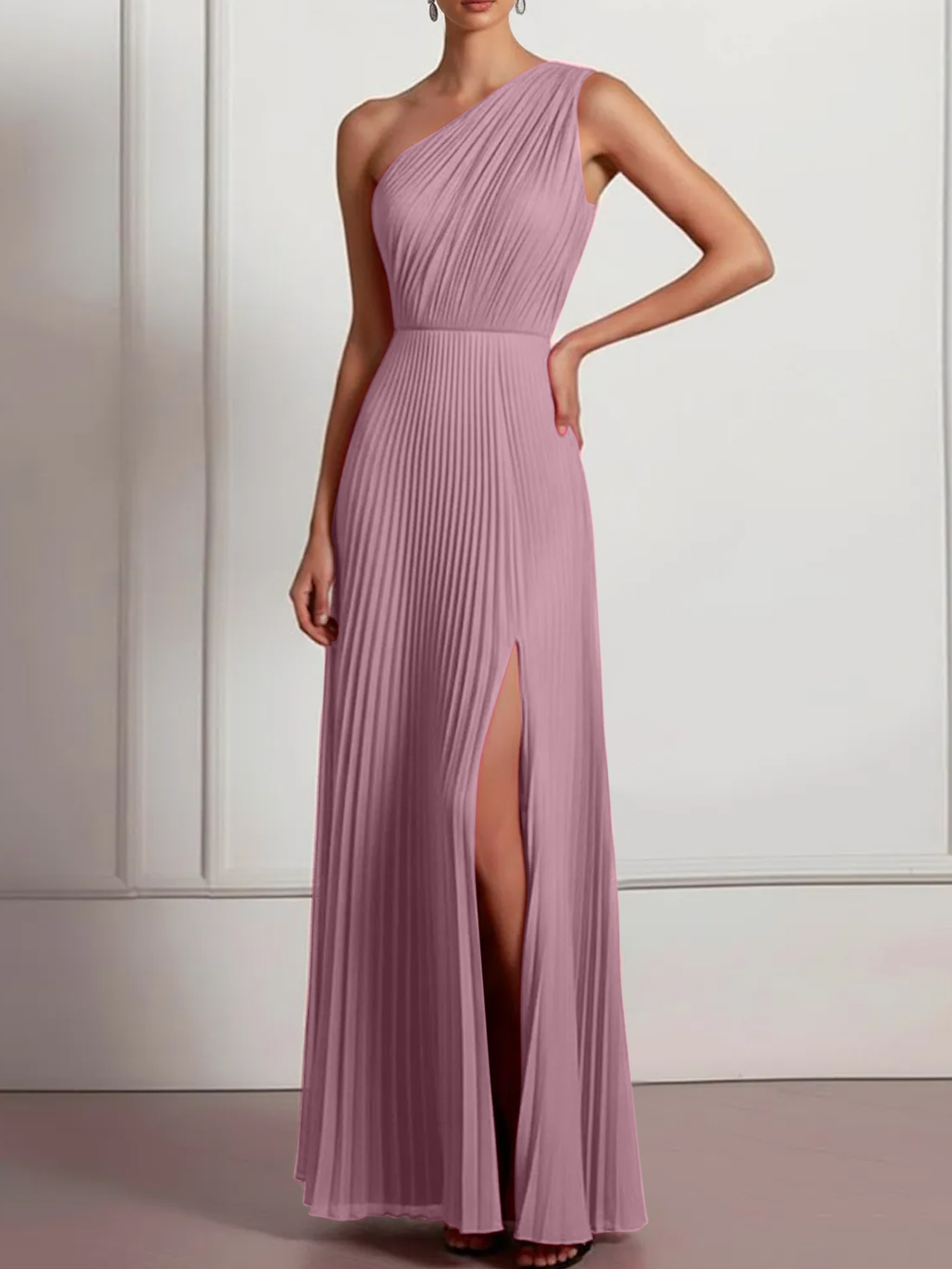 Blush Formal Party Dress One Shoulder Pleated Maxi Dress with Slit
