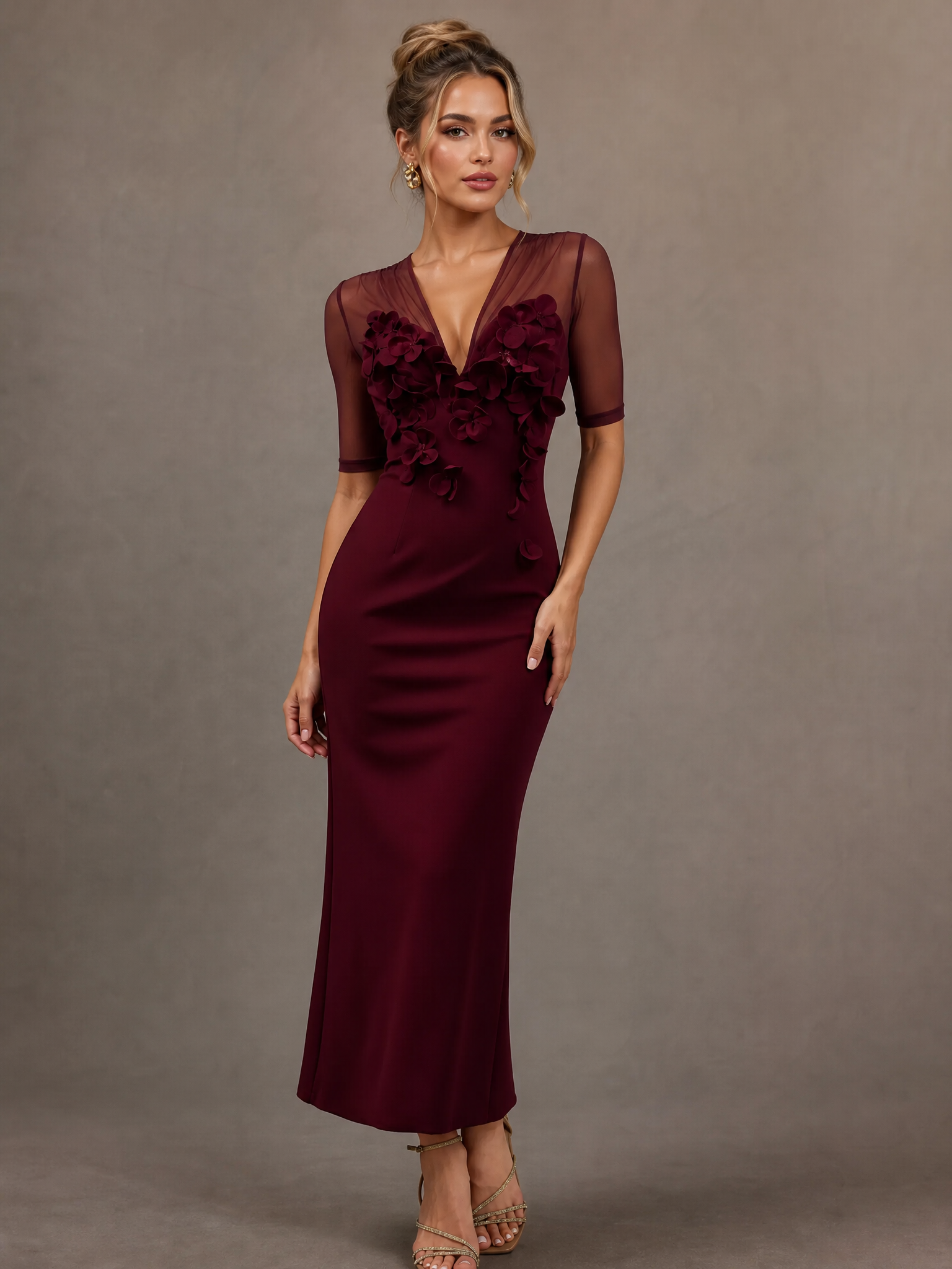 Sheer Mesh V Neck 3D Floral Embellished Sheath Midi Dress