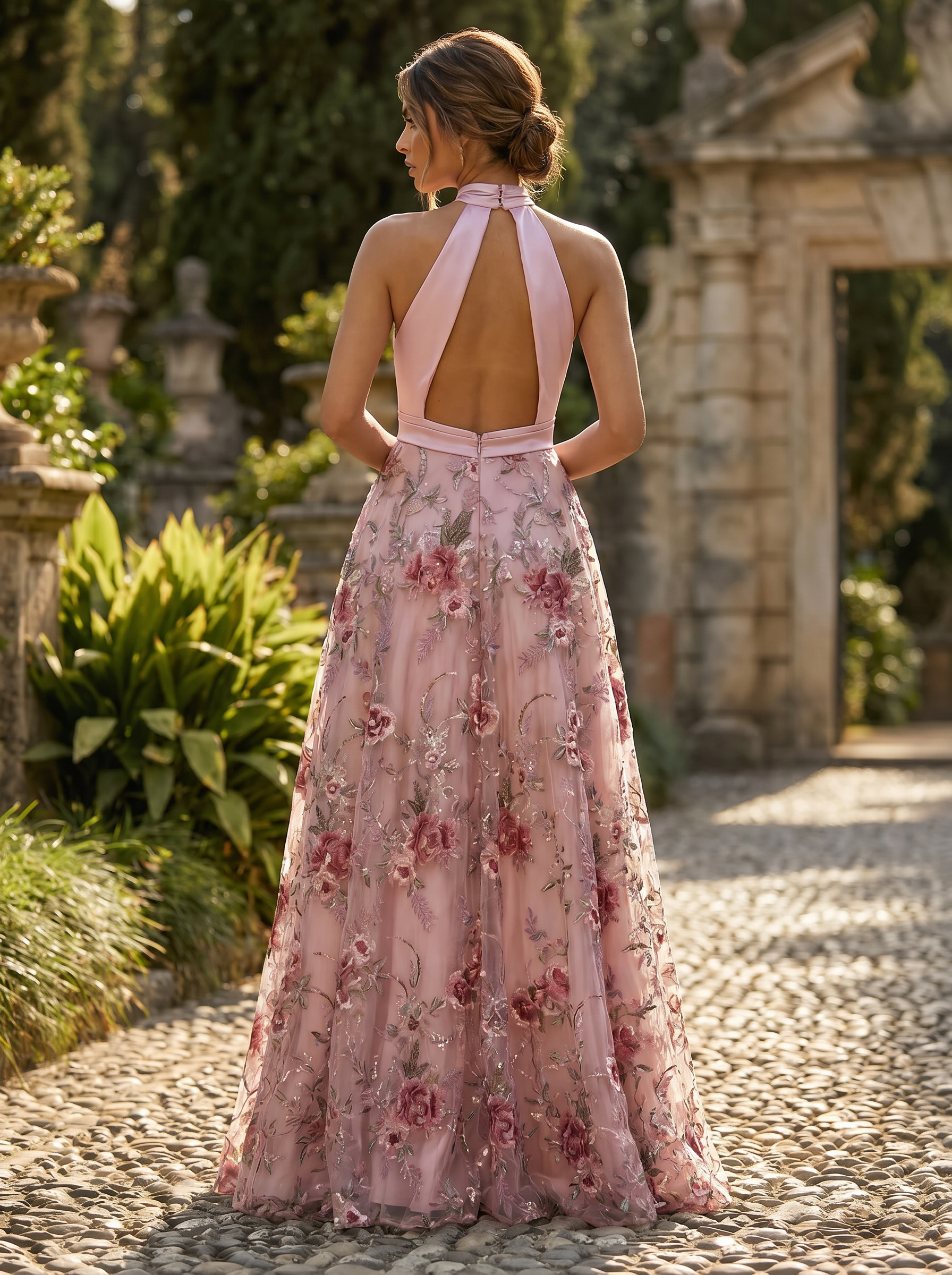 Halter Neck 3D Floral Embroidered A-Line Gown with Pockets & Open Back