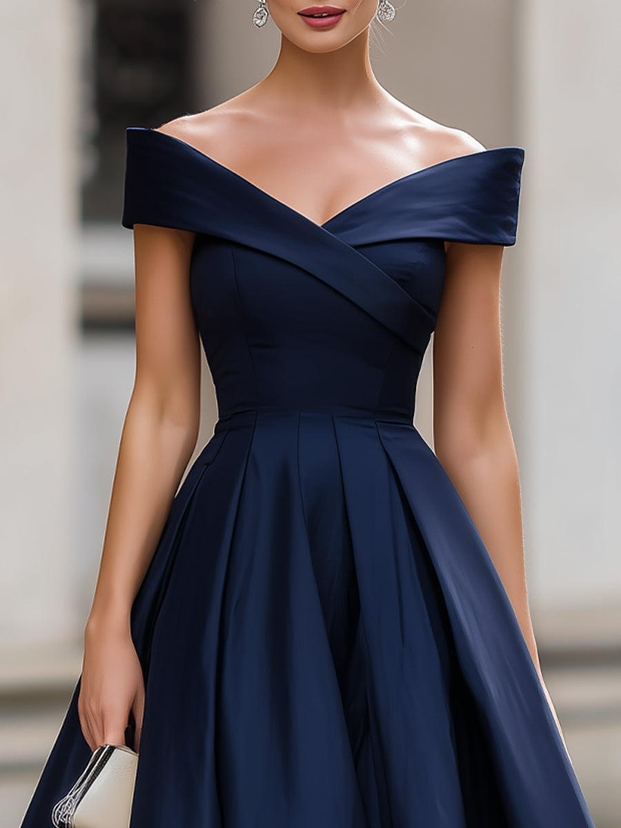 Navy Blue Off-Shoulder Pleated Midi Cocktail Dress