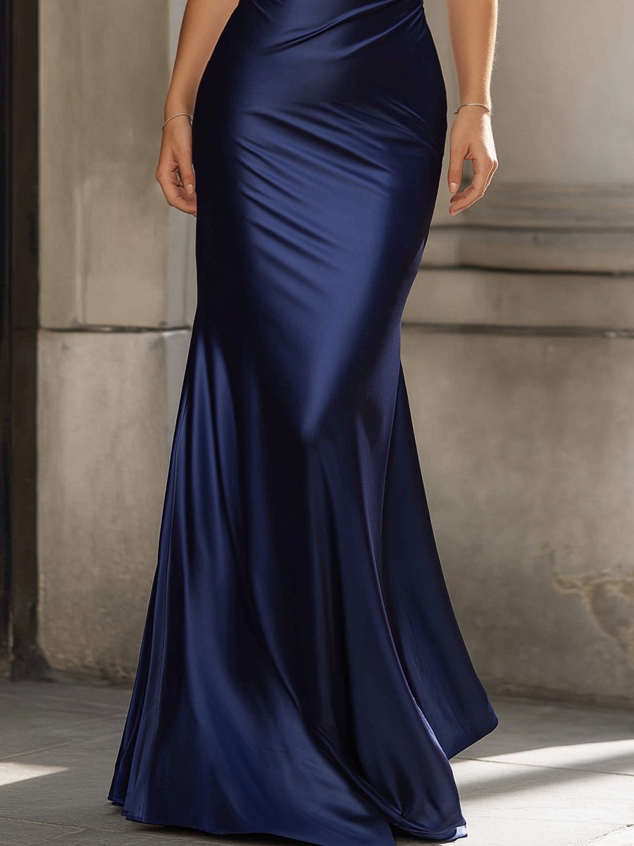 Navy Satin Halter Neck Ruched Maxi Dress