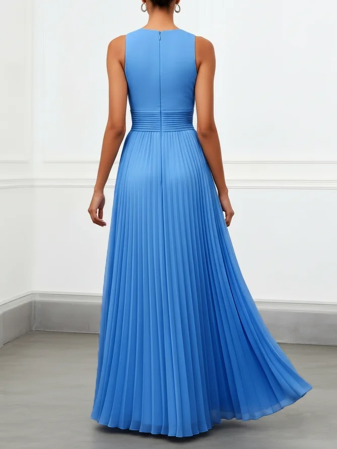 Blue Pleated Rhinestone Chiffon Crew Neck Sleeveless A-Line Floor-length Gown Dress