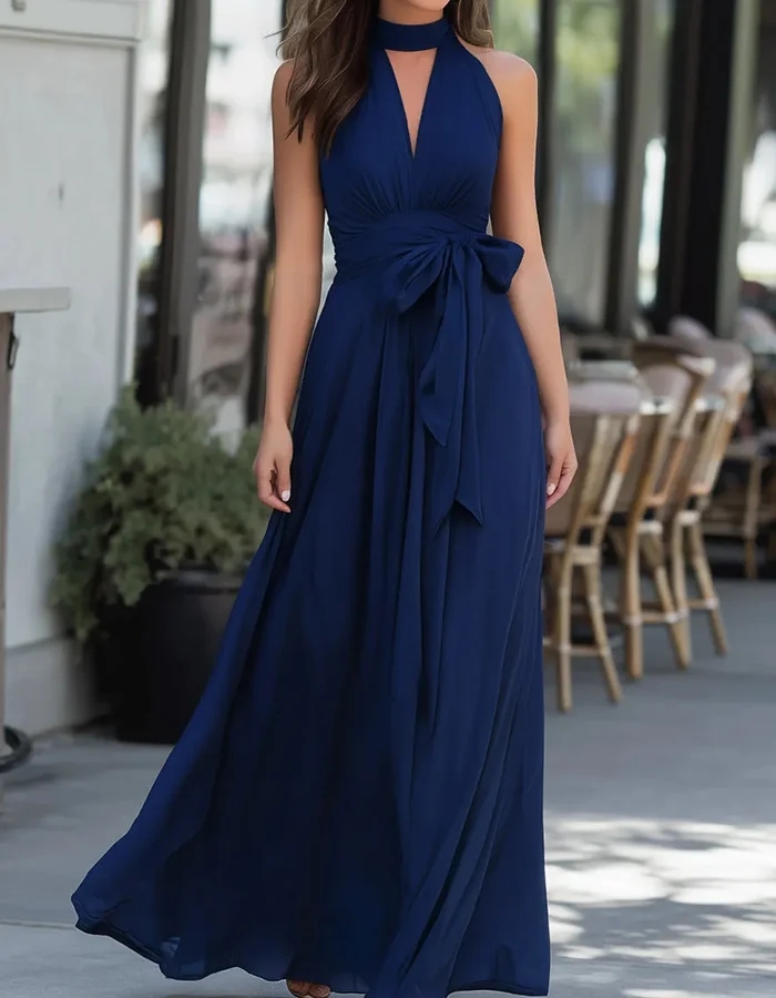 Navy Blue A-Line Chiffon Halter Neck Maxi Dress