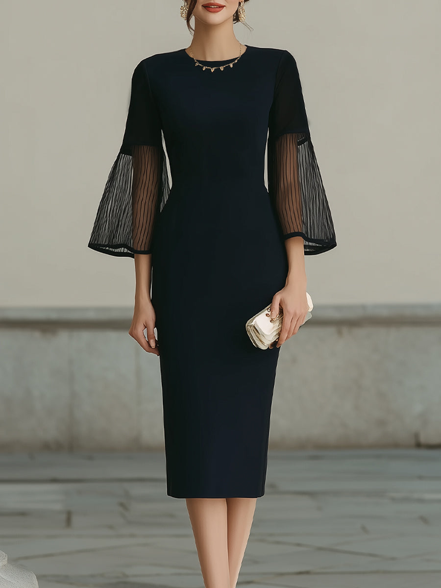 Black Midi Dress With Sheer Pleated Bell Sleeves