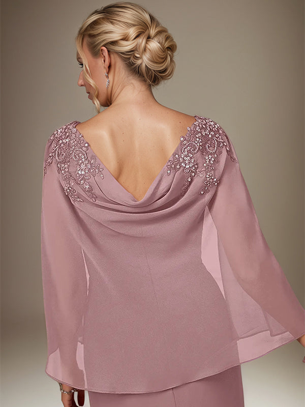 Mauve Sheath/Column Chiffon Bateau Neck Cape Sleeves Knee Length Dress
