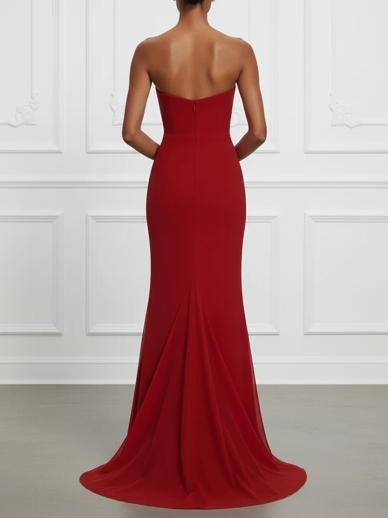 Red Split Joint Classic Strapless Sleeveless Mermaid Gown Dress