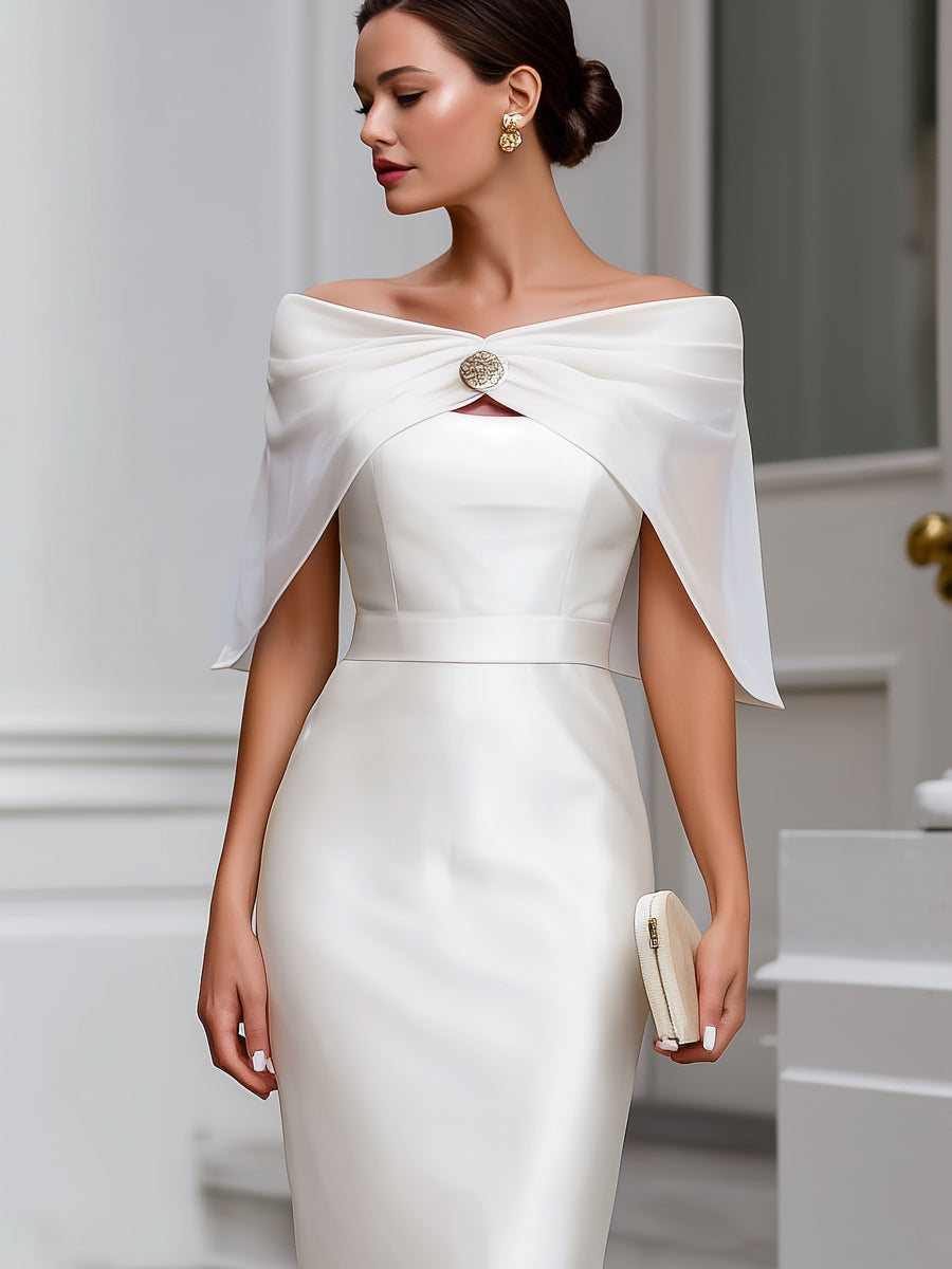 White Off-Shoulder Draped Cape Satin Midi Dress