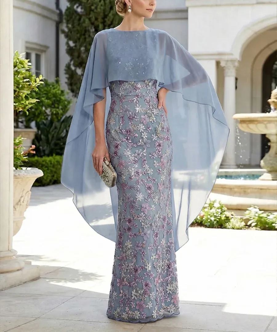 Sheath 3D Floral Embellished Lace Floor-Length Mother of the Bride & Groom Dresses with Chiffon Capelet Sleeves