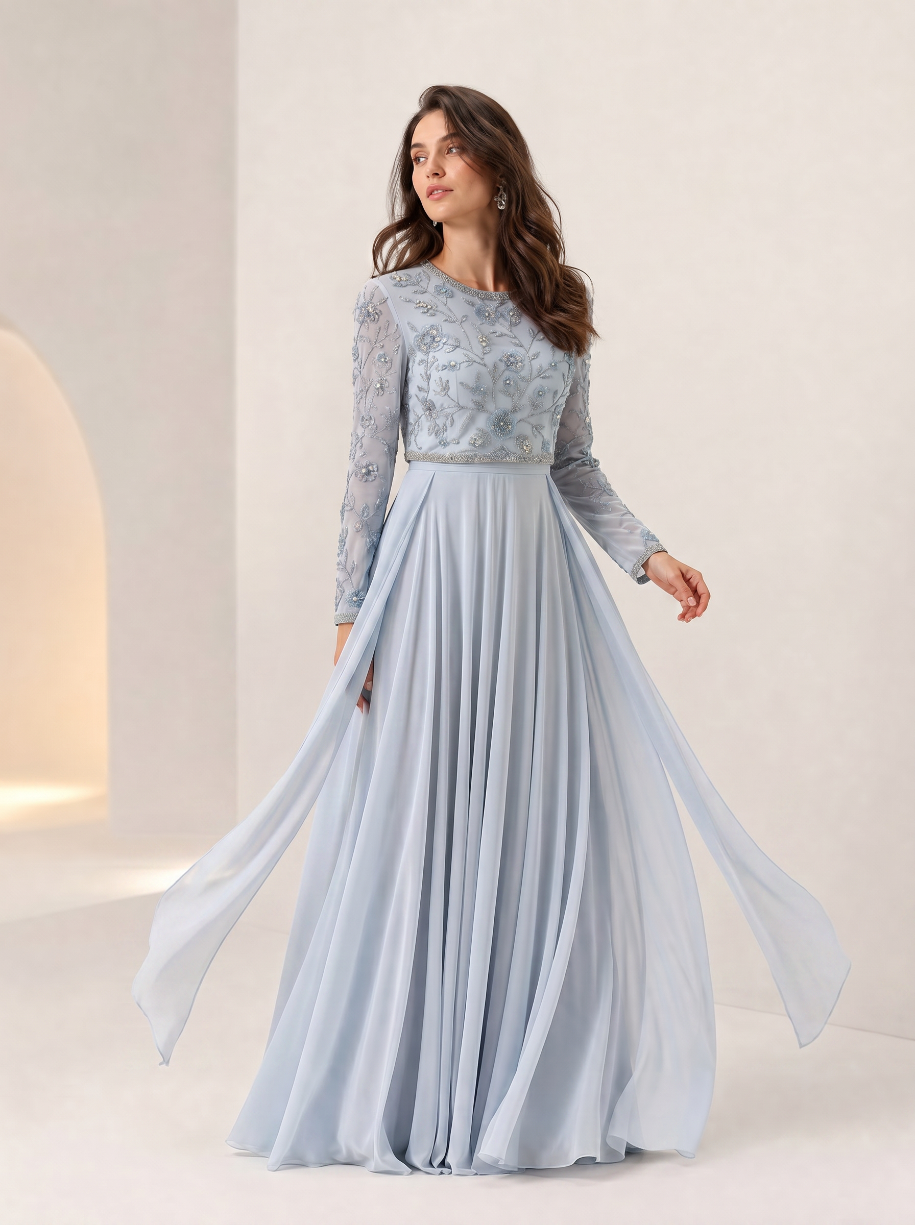 Dusty Blue Beaded Embroidered Long Sleeve Chiffon Maxi Dress