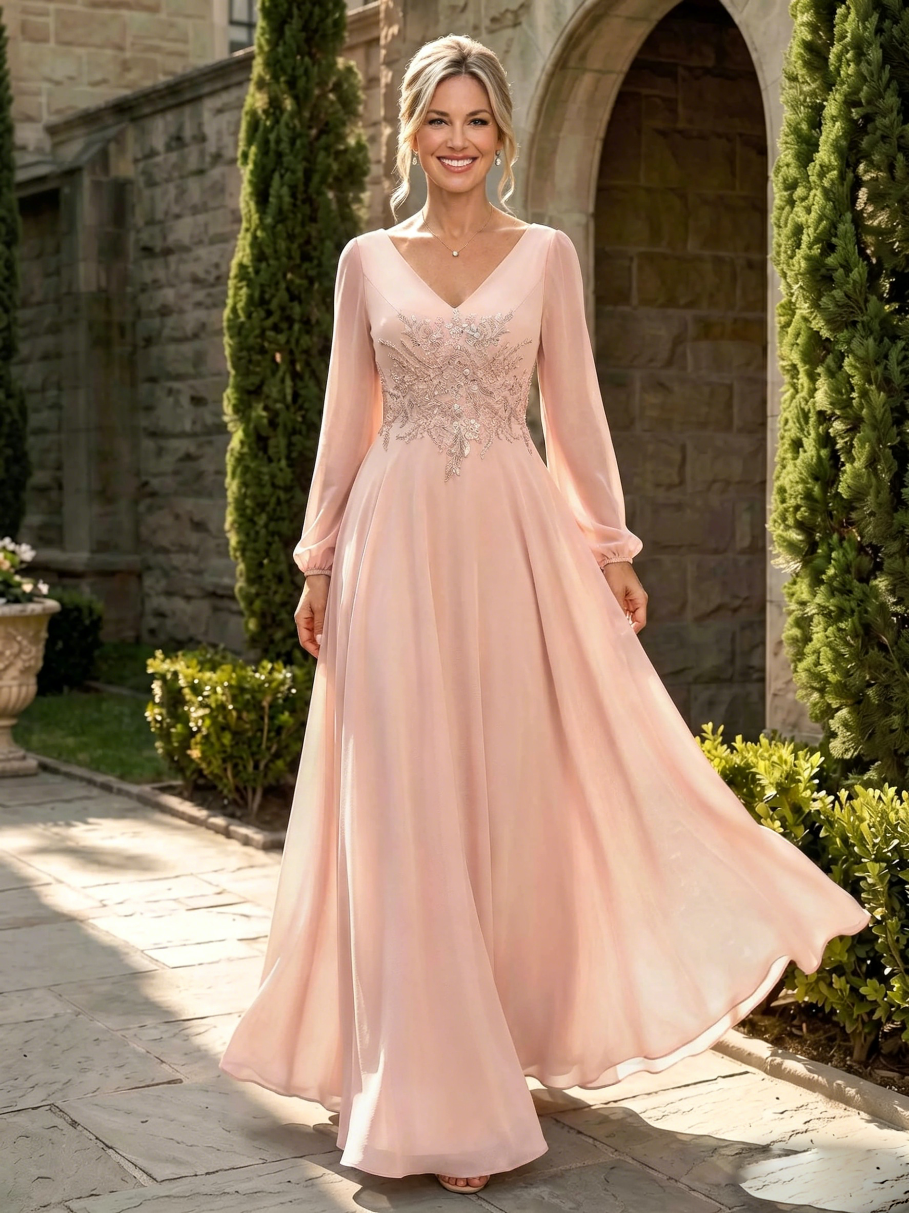 A-Line V-Neck Long Sleeves Floor-Length Chiffon Mother Of The Bride Dresses With Appliques Lace