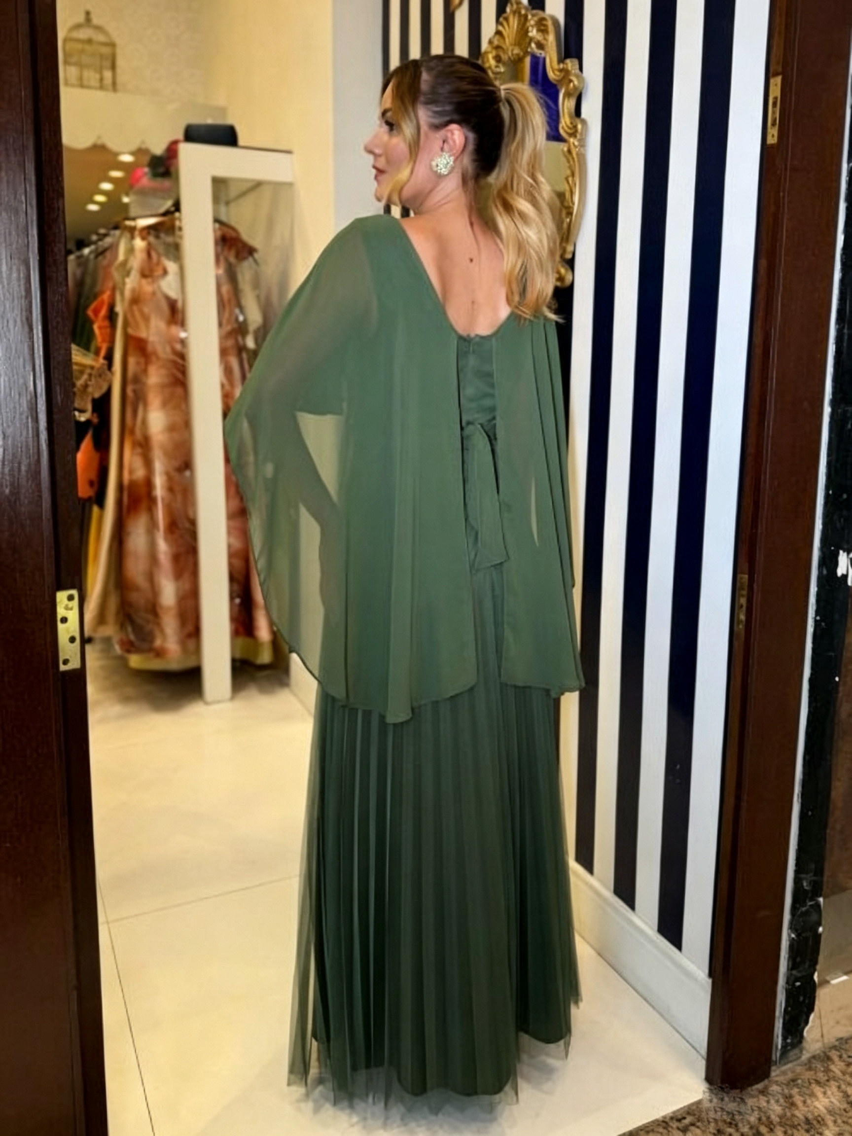 Ethereal Cape-Overlay Pleated Evening Gown