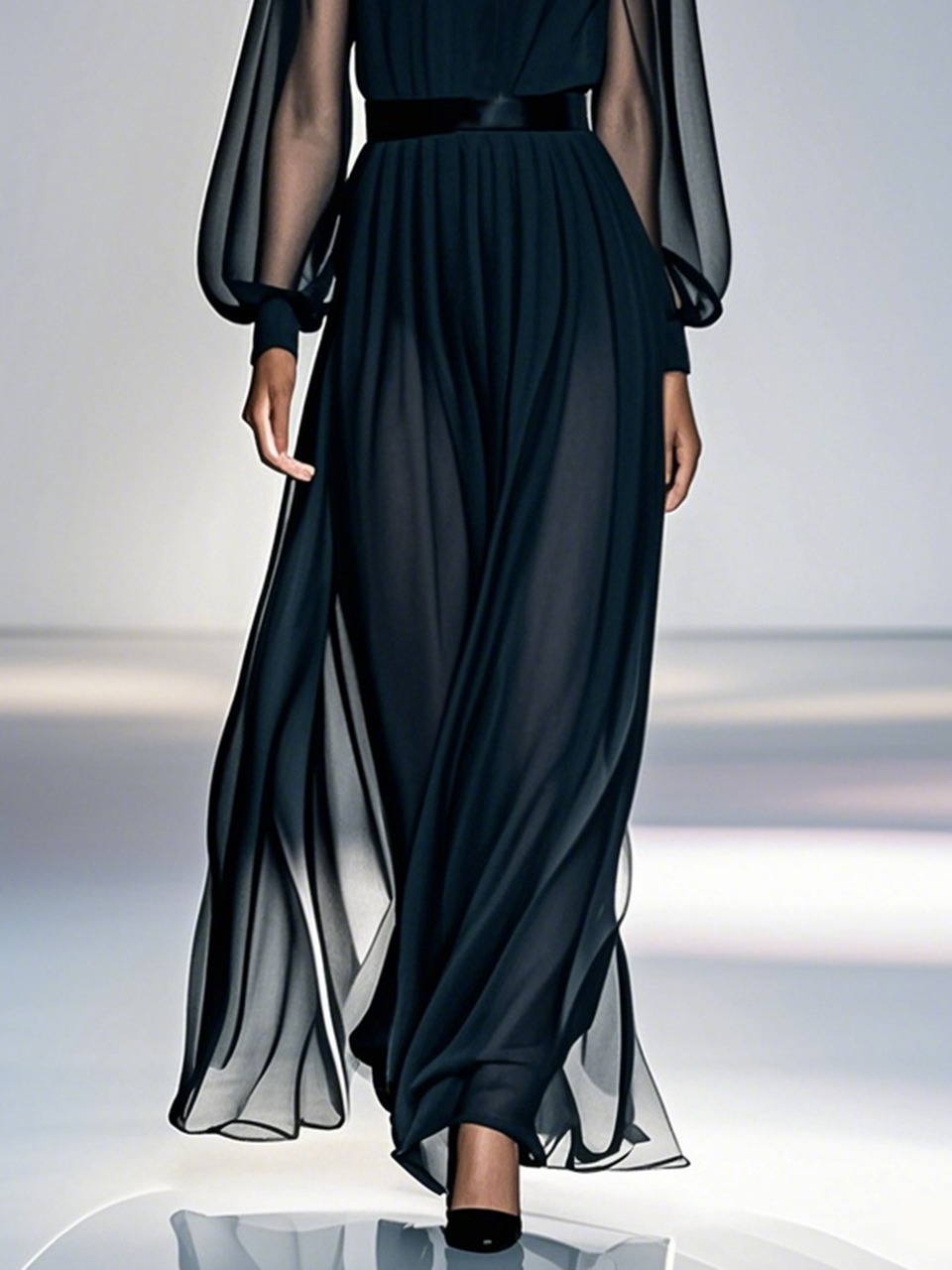 Black Mesh Ruched Chiffon Crew Neck Long Balloon Sleeve A-Line Maxi Dress