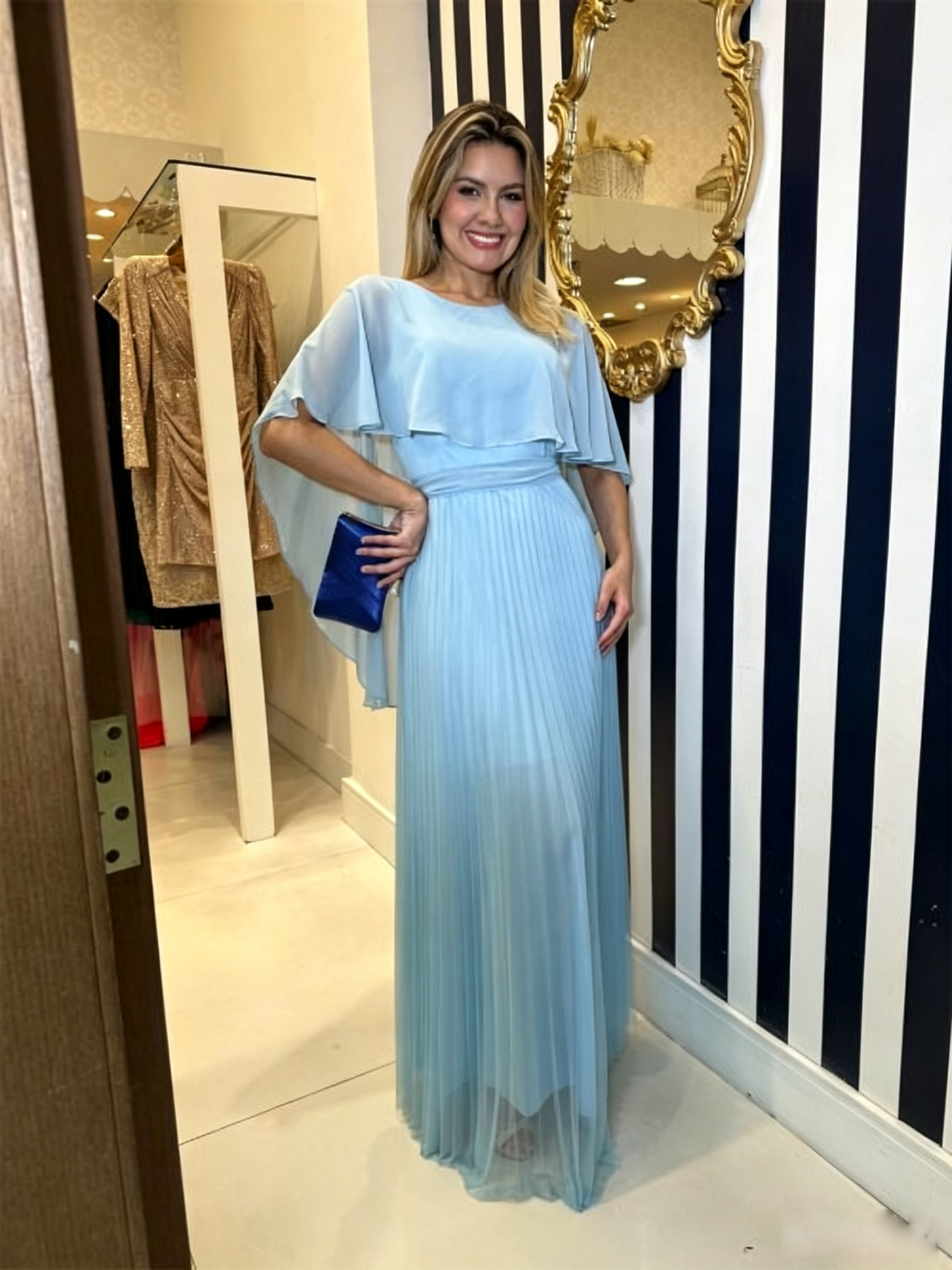 Ethereal Cape-Overlay Pleated Evening Gown