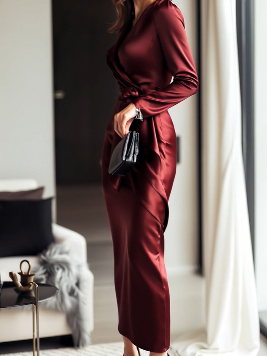 Timeless Burgundy Satin Wrap Dress