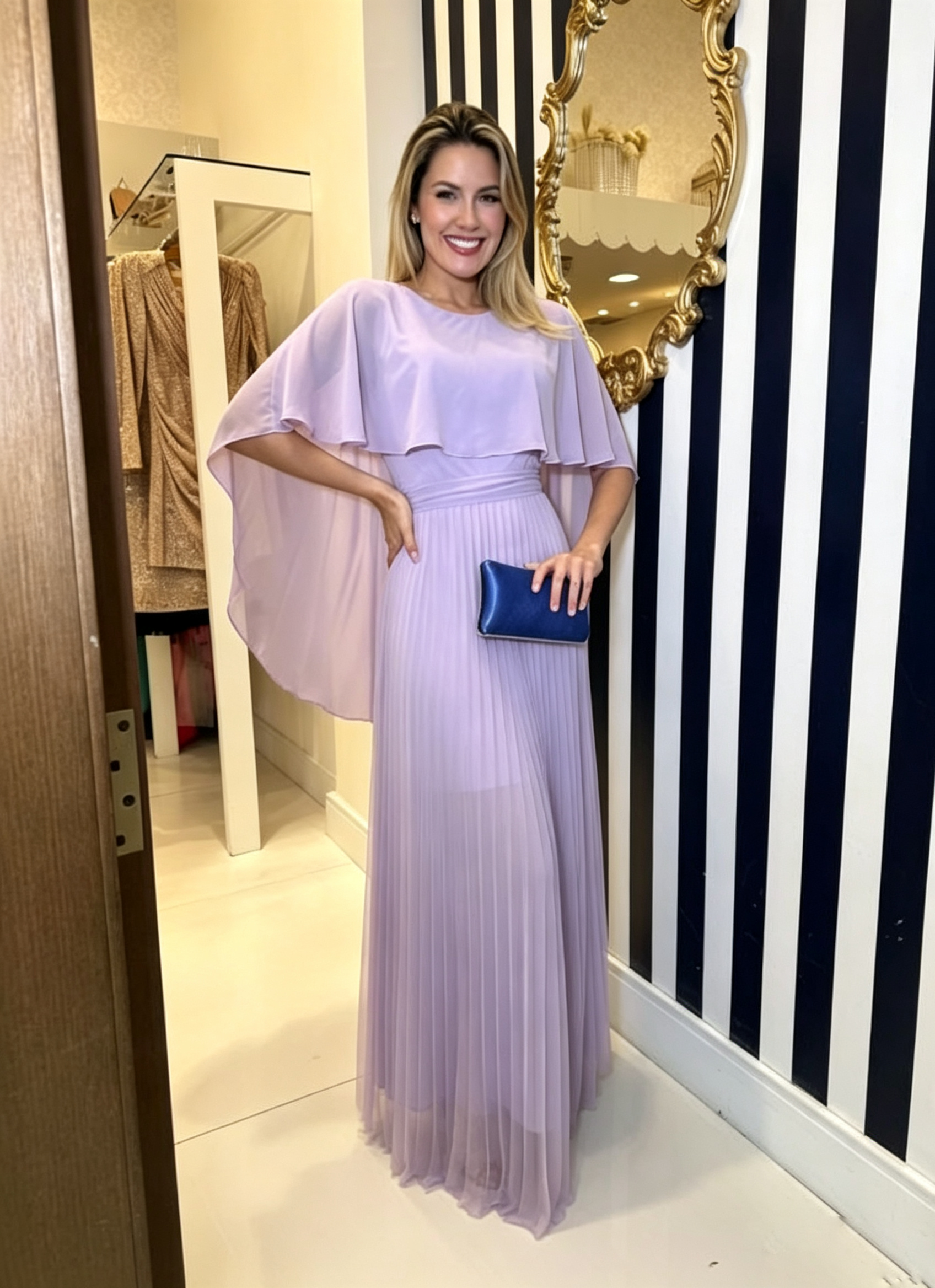 Ethereal Cape-Overlay Pleated Evening Gown