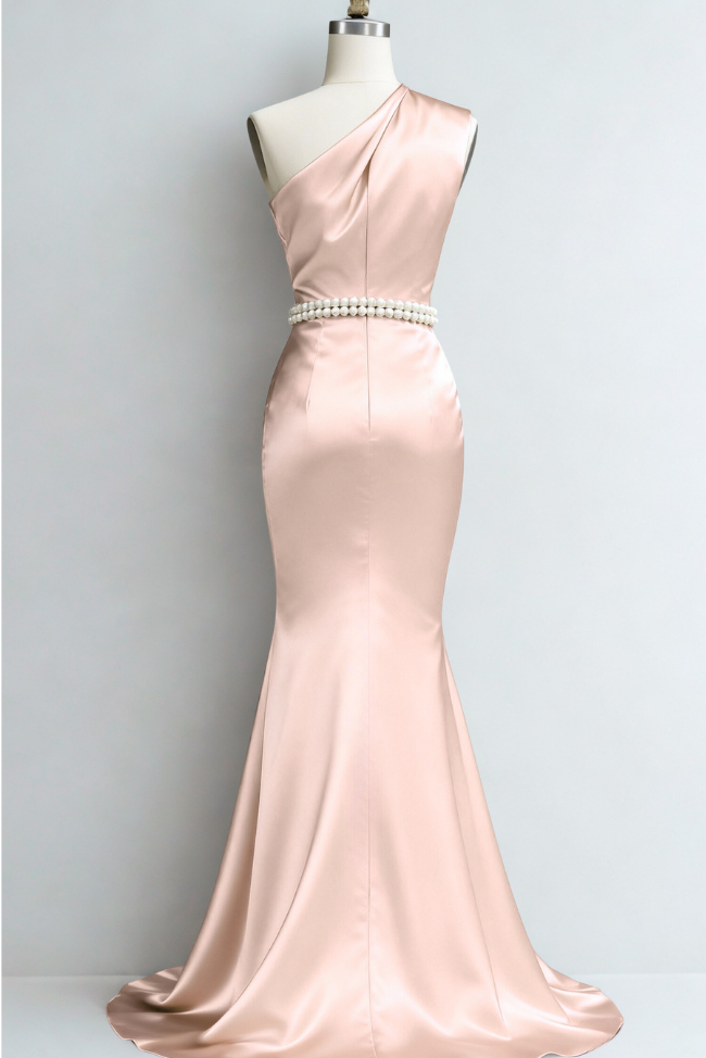 Pink Pearl Satin One Shoulder Sleeveless A-Line Gown Dress