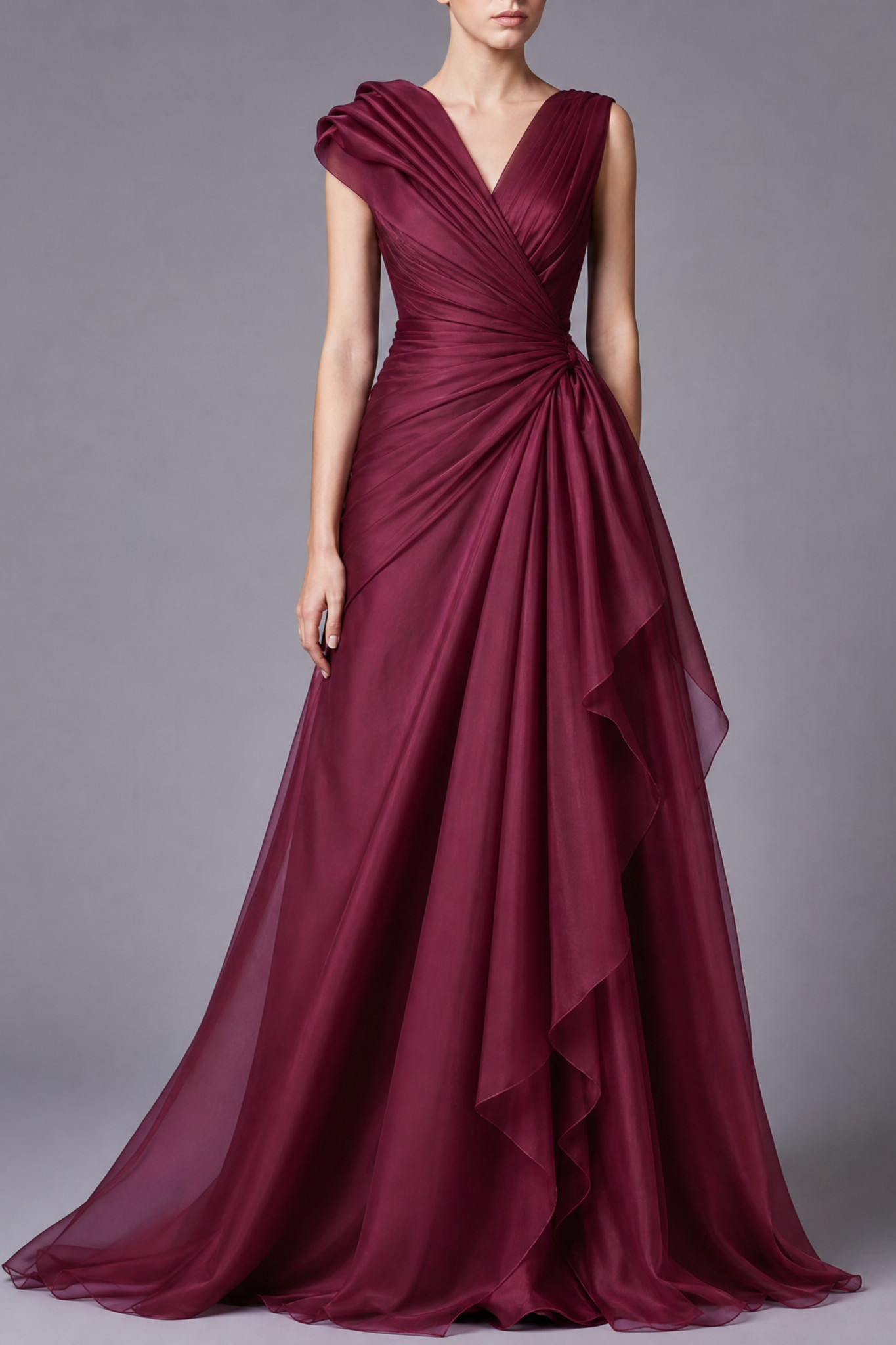 Wine Red Organza Sleeveless V neck Draped Cinched-Waist Maxi Dress