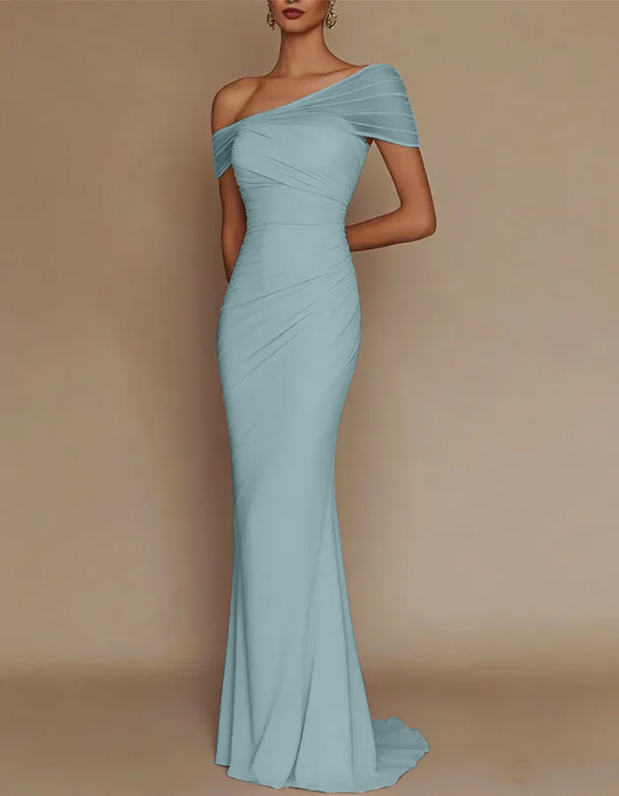 Dusty Pink One-Shoulder Mesh-Patched Pleated Mermaid Maxi Dress