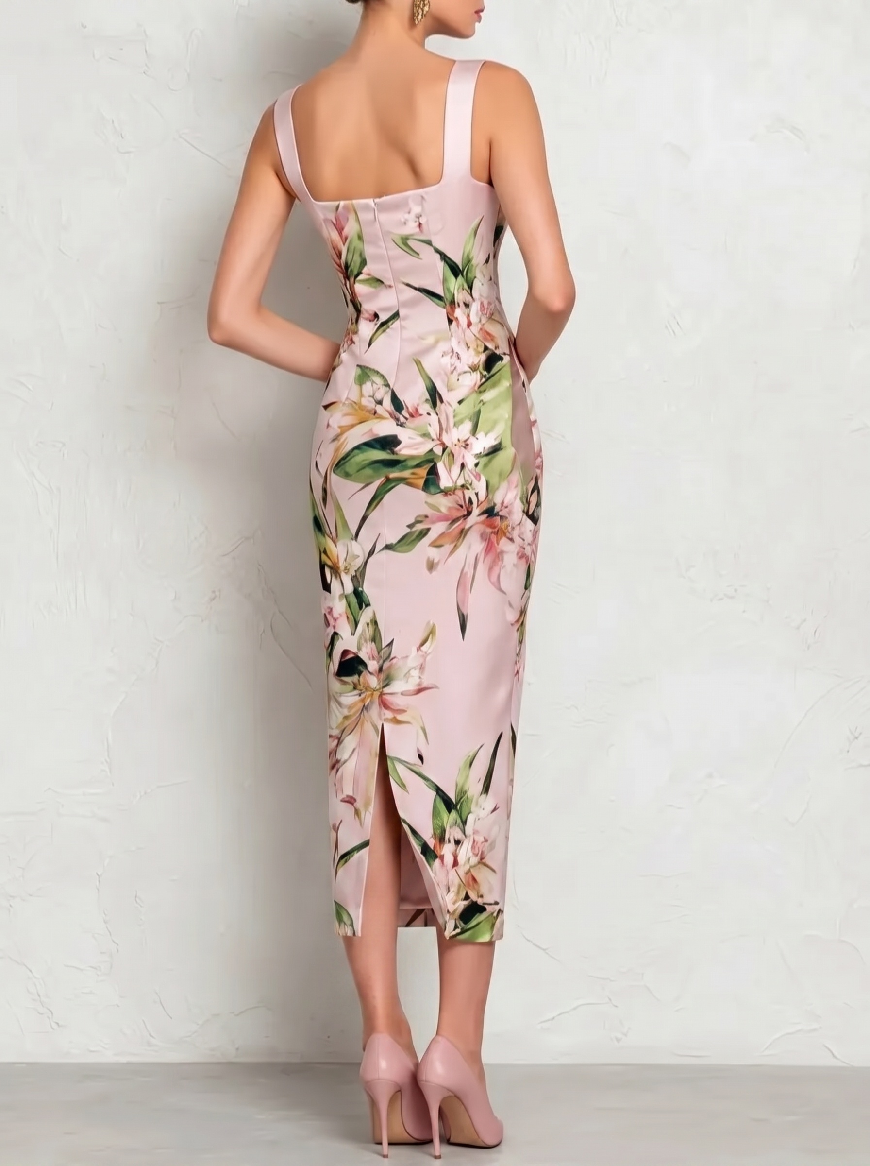 Pink Floral Satin Square Neck Sleeveless Sheath Midi Dress