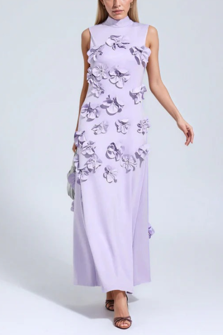 A Line High Neck Sleeveless Floor Length Stretch Crepe Dress With 3D Flowers