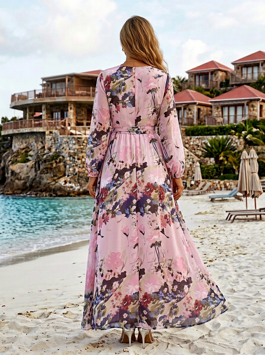 Wrap Front Long Sleeve Pink Watercolor Floral Chiffon Maxi Dress with Tie Waist & Front Slit