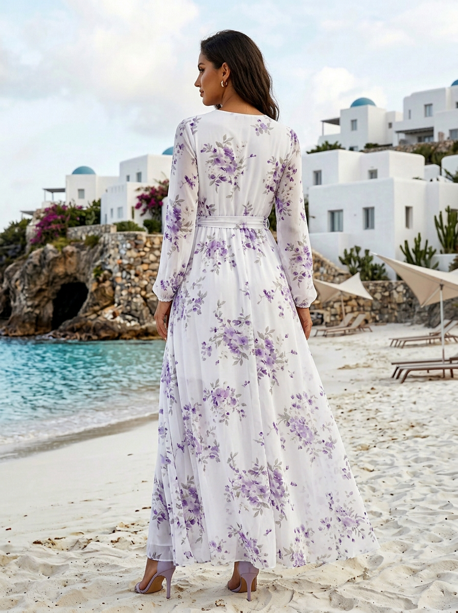 Wrap V-Neck Long Sleeve White Lavender Floral Chiffon Maxi Dress with Self Tie Belt & Front Slit