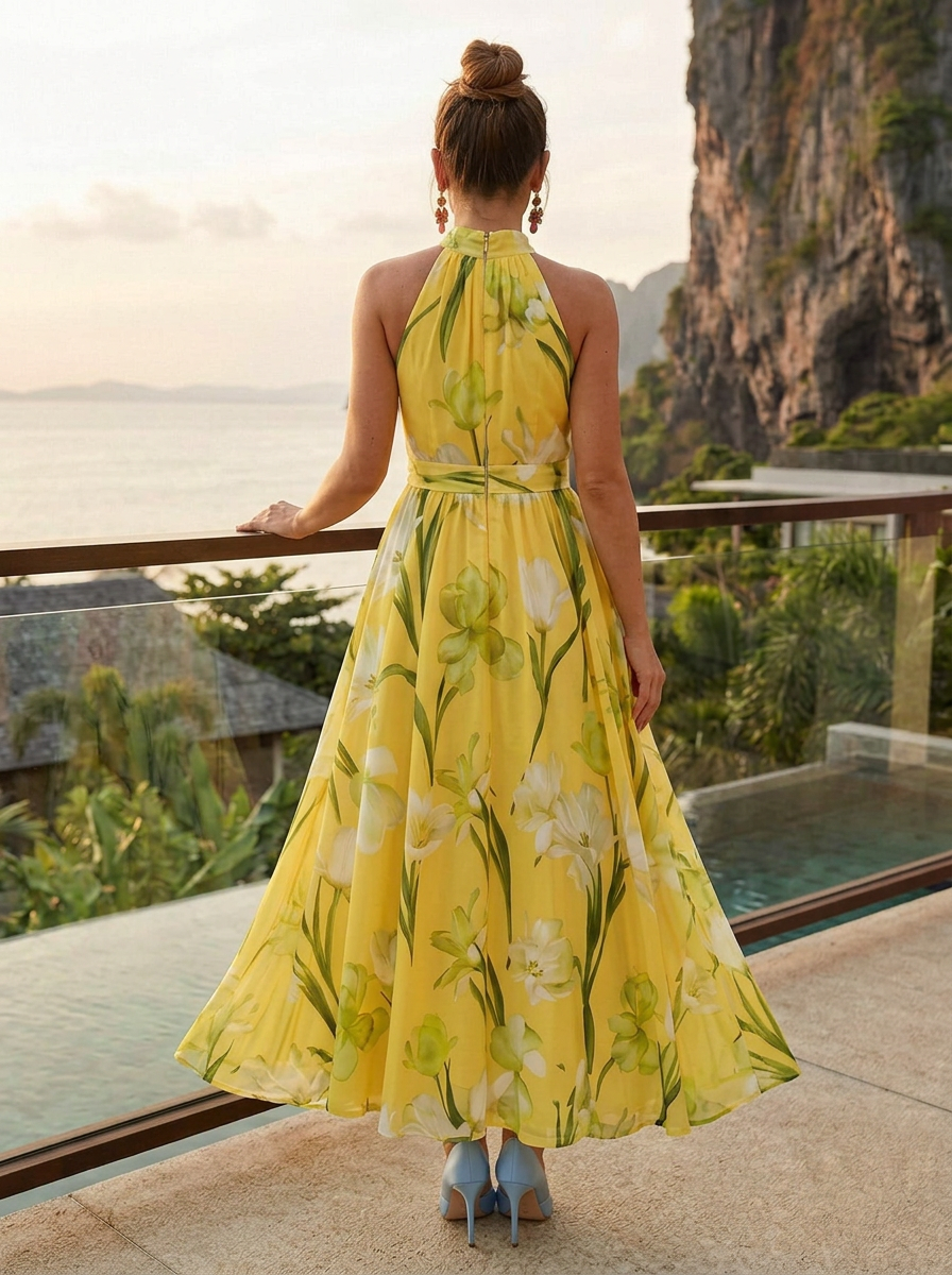 Bright Yellow Base White & Green Tulip Halter Waisted Maxi Dress