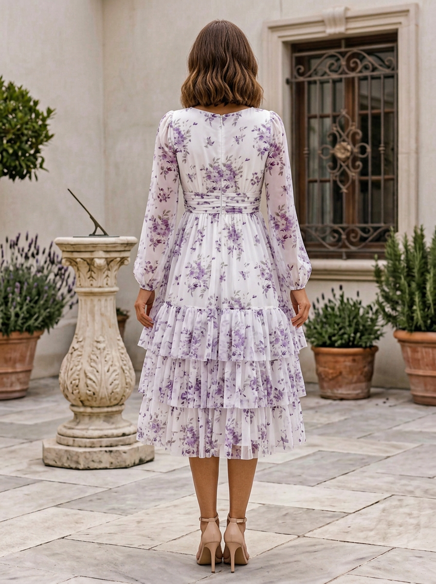 White Purple Floral V-Neck Lantern Sleeve Waisted Tiered Midi Dress
