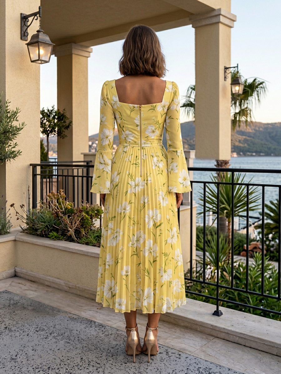 Sweetheart Neck Bell Sleeve Pleated Floral Print Midi Chiffon Dress
