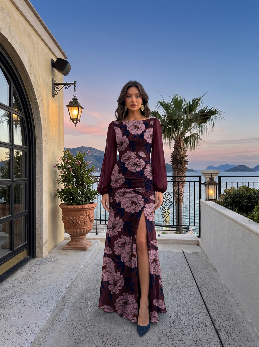 Burgundy Base Peony Boat Neck Puff Long Sleeve Ruched Slit Floor Length Maxi Dress